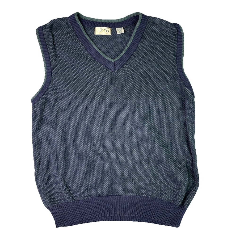 Vintage Izod Sweater Golf Vest Large Blue V Neck Green Accent Hong Kong 80s